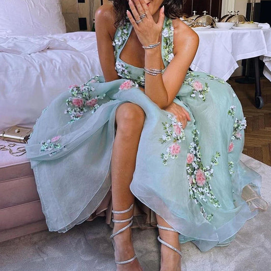 Sage Green Flowers Evening Dresses for Woman Wedding Party Aqua A-line Halter Formal Dress