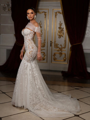 Vestido de ervas daninhas do pescoço de coração brilhante aplique lantejas de lantejoulas de noiva elegante sereia vestidos de noiva vestidos de novia