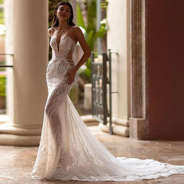 Customzied Sexy Mermaid Wedding Dresses Lace With Bead Applique V-Neck Strap Sleeveless Backless Vestido De Novia