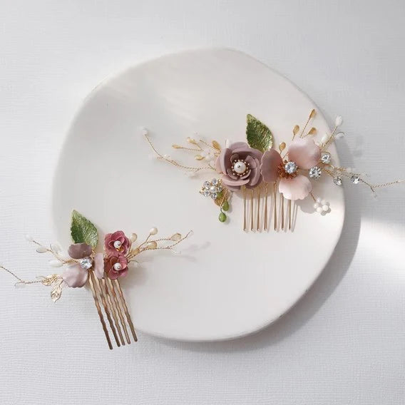 Wedding Accessories Pink Flower Hairpin Leaf Hair Comb Pin Clip For Brides Bridesmaids Crystal Pearl Head Piece Bridal Jewelry