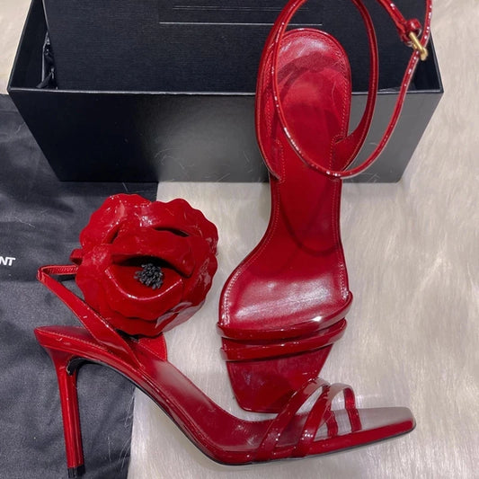 Red Rose High Heels Women's Sandals Square Toe Ankle Strap 9CM Stiletto Sexy Luxury Leather Slingback Summer Party Banquet Shoes