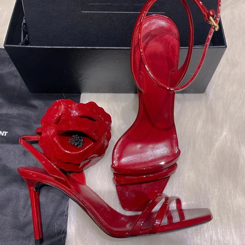 Red rose high heels women sandals square toe ankle strap 9cm stiletto luxury leather slingback party – Pollyanna Events