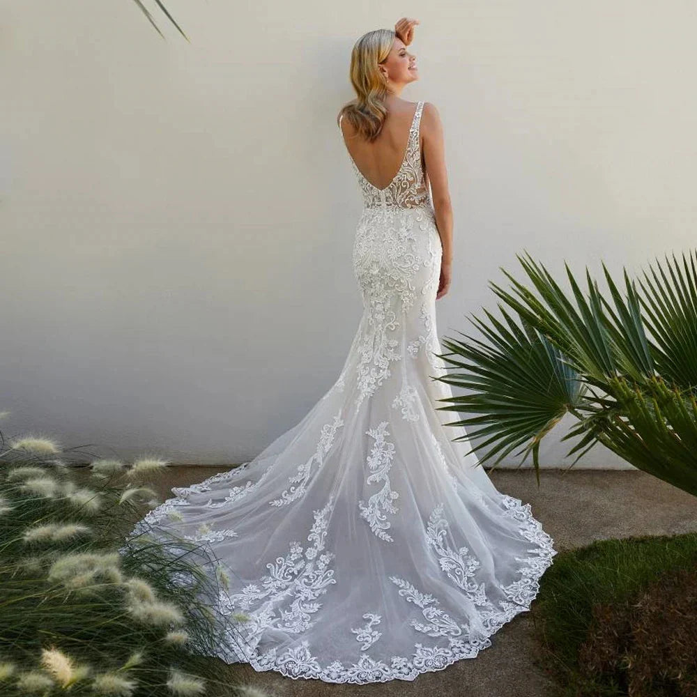 Fashion Mermaid Wedding Dress 2026 Wide Straps Deep V Neck Backless Applique Lace Tulle Bridal Bride Gown Boho Beach Vestido