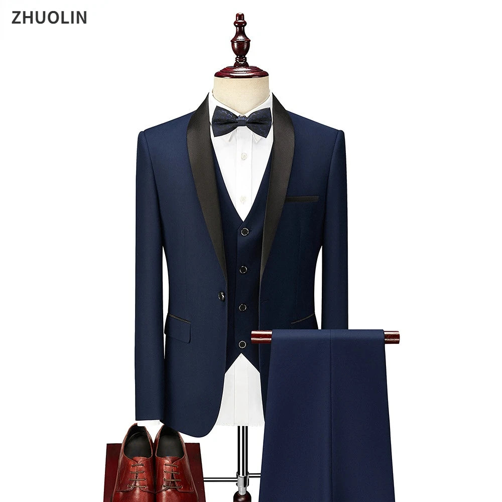 Mannen van hoge kwaliteit voor trouwpak 3 stuks Set elegante blazers sjaal kraag luxe jas broek Vest formele jas Skinny jurk