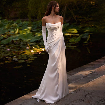 Beach Mermaid Satin Wedding Dress For Women Vestidos Novia Long Pleated Sheath Bridal Party Gown With Train