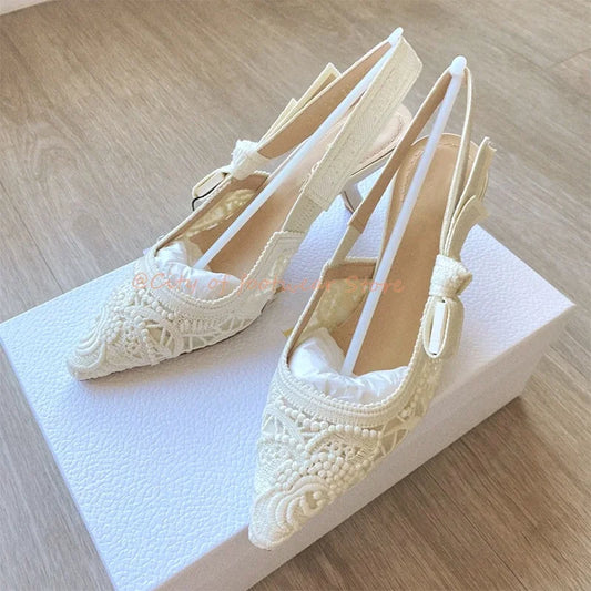 Women White Lace Embroidery Kitten Heel Pumps Black Slingback Sandals Summer Pointy Toe HIgh Heels Designer Party Wedding Shoes