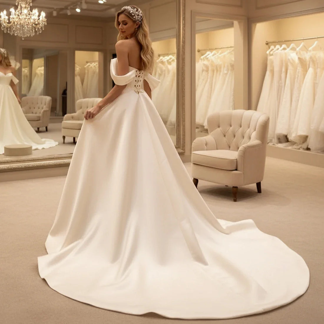 Elegant Satin Long Slit Wedding Dress With Train A Line Ball Gown For Bride Vestidos Novia Backless Off Shoulder Bridal Gown