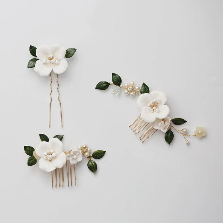 Wedding Accessories Porcelain Flower Hair Pin Clip Leaf Hairpins For Brides Bridesmaids Gold Color Head Pieces Bridal Jewelry
