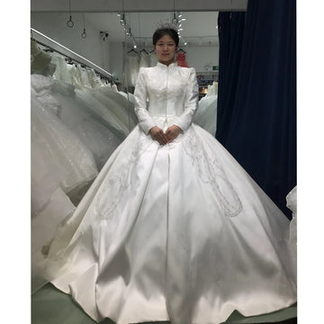 Kisswhite Xlove Collection Customized 7-15days Ship It Out  New Design High Neck Muslim Wedding Dress Satin Crystals Ball Gown