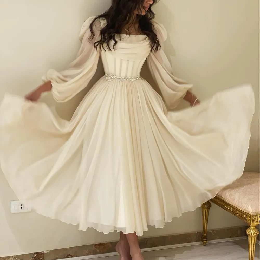 Beige Short Midi Arabic Evening Dress with Belt Long Sleeves Tea Length Women Formal Wedding Party Gowns SS393
