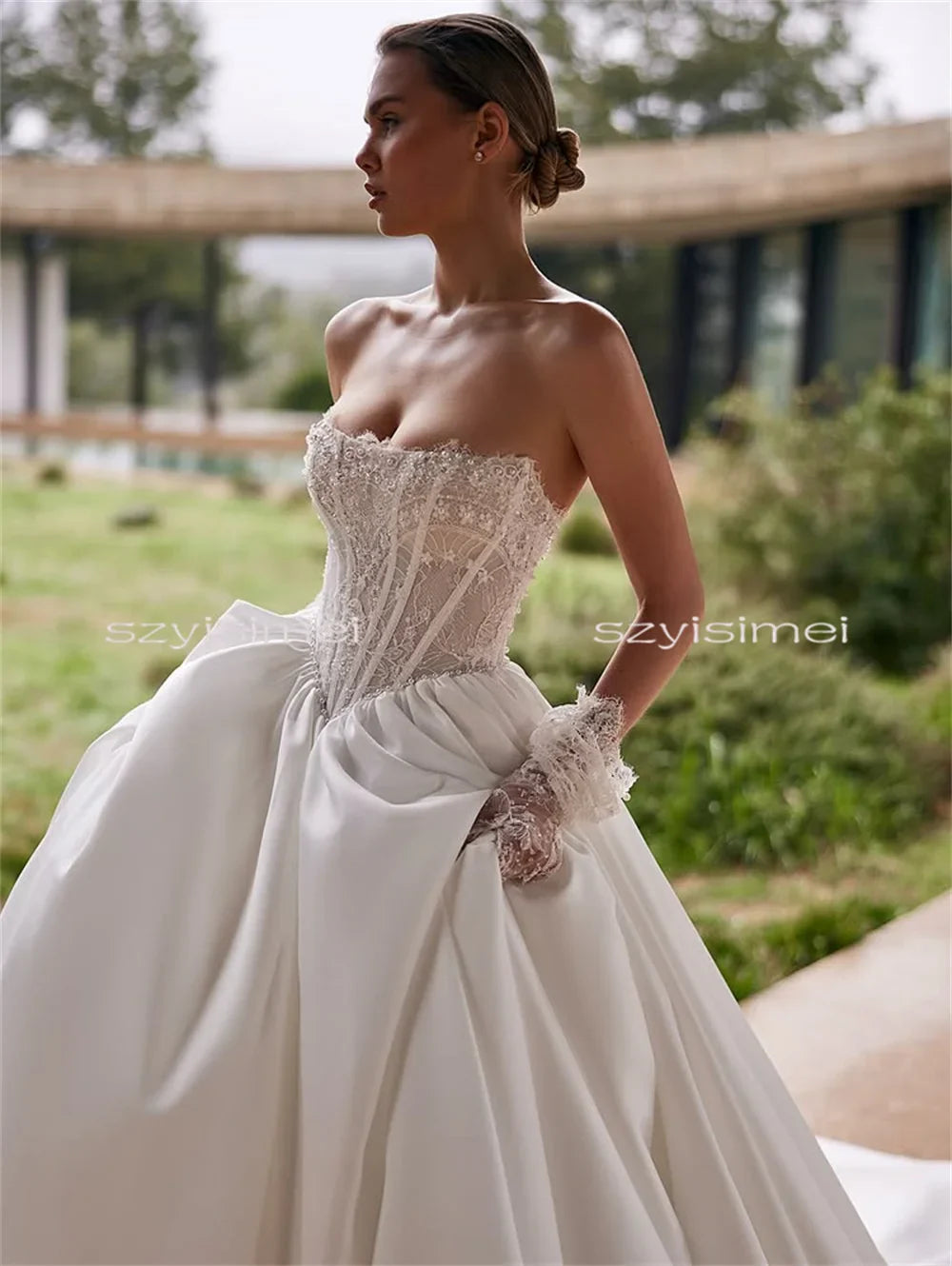 White Satin Strapless A-line Wedding Dress Backless Corset Bridal Gown Customizable Amanda Brides Vestido De Novia