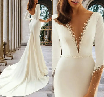 Customized  Sexy V-neck Mermaid wedding Dresses For women backless long sleeve formal bridal dress Vestidos de Novia 2025