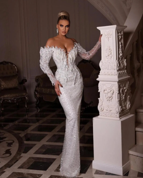 New Luxury Wedding Dress Sparkly Sequin Dubai Off-Shoulder Long Sleeves Pearls Beads Mermaid Detachable Train Bridal Gown