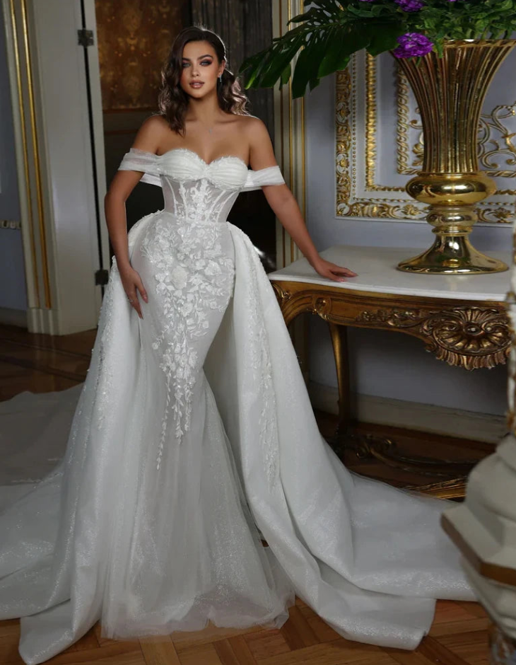 Elegantie stijl lieverd zeemeermin dames trouwjurken kralende 3D applices kant off schouder mouwen bruidsjurken