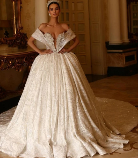 Вишукане сукня з м'ячою сукнею з бур’ям блискучі бісерні кохані шия нареченої халат скромні сукні довжина до підлоги весільні сукні Vestidos de novia