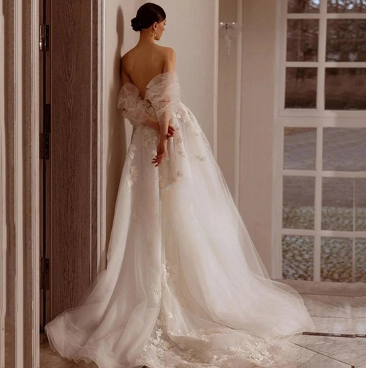 Exquise trouwjurken A-lijn Tule gelaagde bruidsjurken Koer Appliques van de schoudergewaden Vintage Vestidos de novia 2024