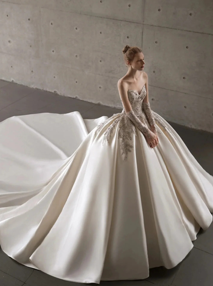 فستان زفاف منفوش رائع على شكل قلب مطرز من الساتان العروس 2024 ذيل ملكي موضة الأميرة B511 Vestido de Noiva