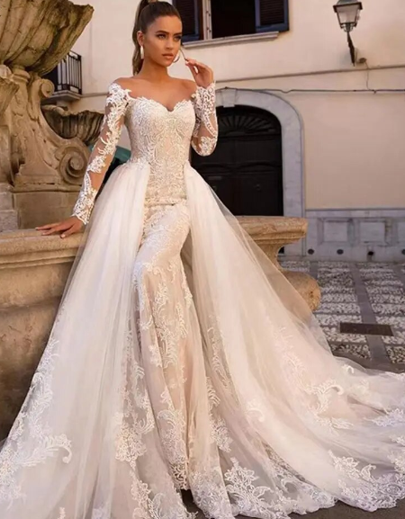 Сексуальна весільна сукня з русалкою кохана з довгим рукавом знімний потяг 2 в 1 мереживному весільному сукні Vestidos de novia