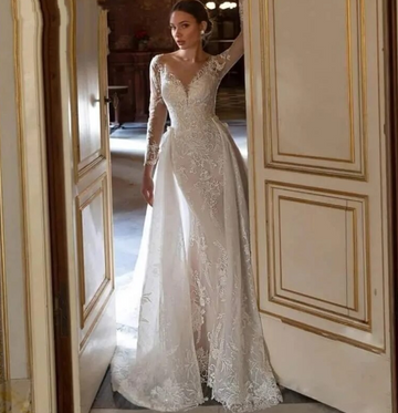 Сексуальна весільна сукня Русалка знімне 2 на 1 Довгий рукав романтичні мереживні аплікації Весільна сукня Vestido Novia