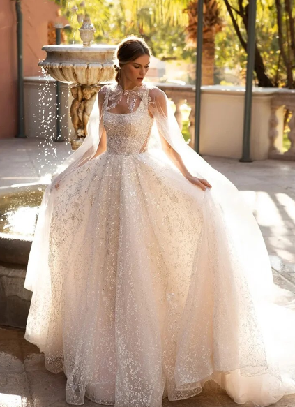 A-Line Glitter Wedding Dresses 2024 Boat Neck Sleeveless Jacket Vestido De Novia Lace Beaded Glamorous Robe De Mariee