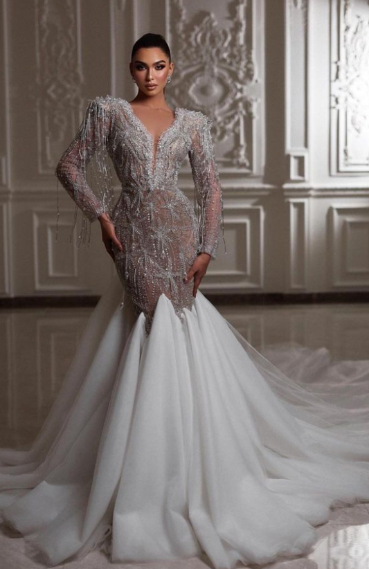 Exquisite Mermaid Wedding Dresses Long Sleeves V Neck Sequins Appliques Lace Train Hollow Diamonds Bridal Gowns Vestina De Novia