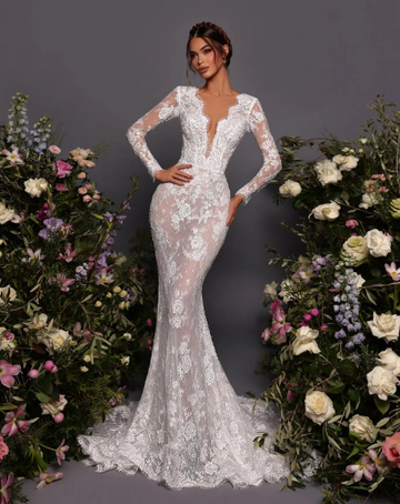 Elegant Wedding Dresses V-Neck Long Sleeve Lace Backless Wedding Gowns Beach Formal Bridal Prom Dress bestidos de novia