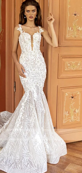 Mermaid Wedding Dress For Women Spaghetti Straps Modern 3D Flowers Beading Appliques Chapel Train Wedding Gown
