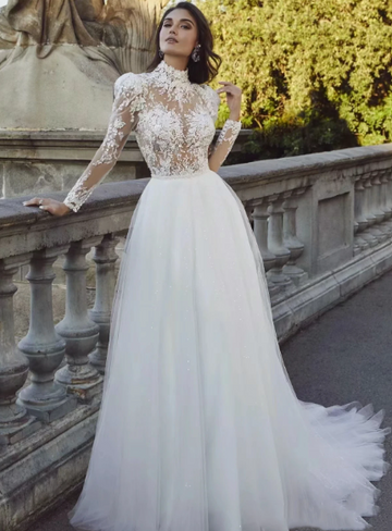 Вишукані весільні сукні з знімним поїздом атласно -русалка мереживо Аплікації Весільна сукня Висока шия з довгими рукавами Vestidos de novia