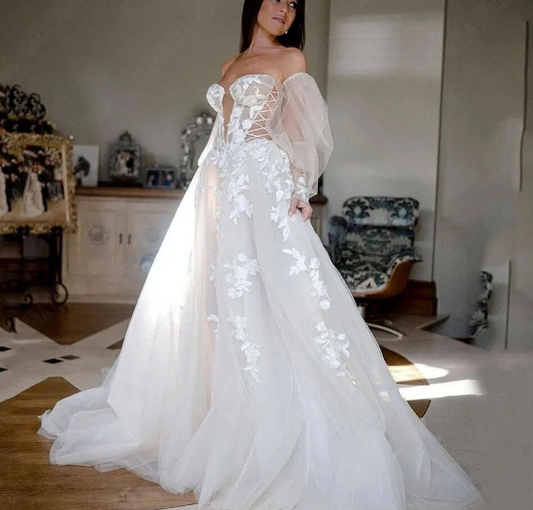 Boho Beach Wedding Jurken 2024 Lace Tule Mouwloze bruid jurk met riem op maat gemaakte vestidos de novia trouwjurk