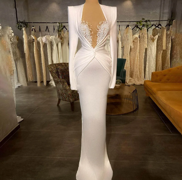 Розкішні білі перлини атласна русалка весільна сукня кохана довгі рукави весільна сукня халат на замовлення Vestidos de novia