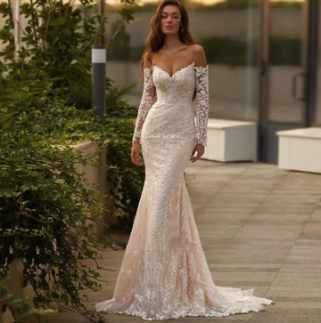 Sexy V-Neck Wedding Dress Long Sleeve Lace Appliques Beach Mermaid Bride Gown Backless Tulle Sweep Train Robe de mariée