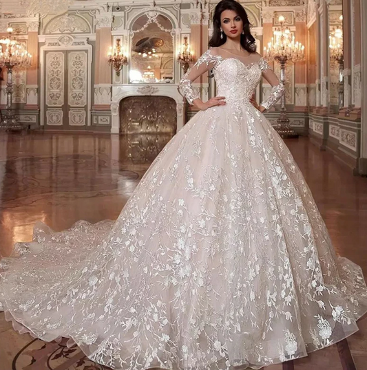 2024 Crystal Luxury Illusion kralen Wit/ivoor Women Wedding Jurk Bruid Jurken Lace Appliques Elegante trouwjurken Lange trein
