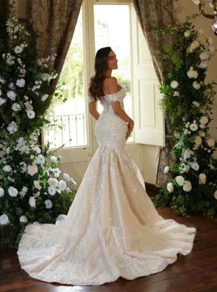 3D квіткова аплікація Весільні сукні для русалок для жінки з шапкою рукава принцеса весільна сукня з мереживом вгору