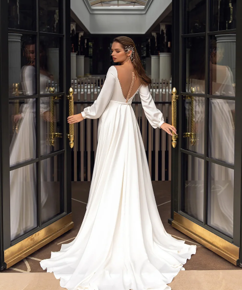 Wedding Dress Sheer Mesh Scoop Neck Puff Sleeves Beading Mermaid Bridal Gown with Detachable Train