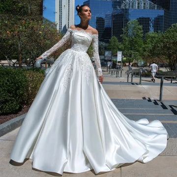 2025 A Line Women's Wedding Dresses Elegant Appliques Lace Bride Gowns Off The Shoulder Long Sleeve Customized Vestido De Noivas