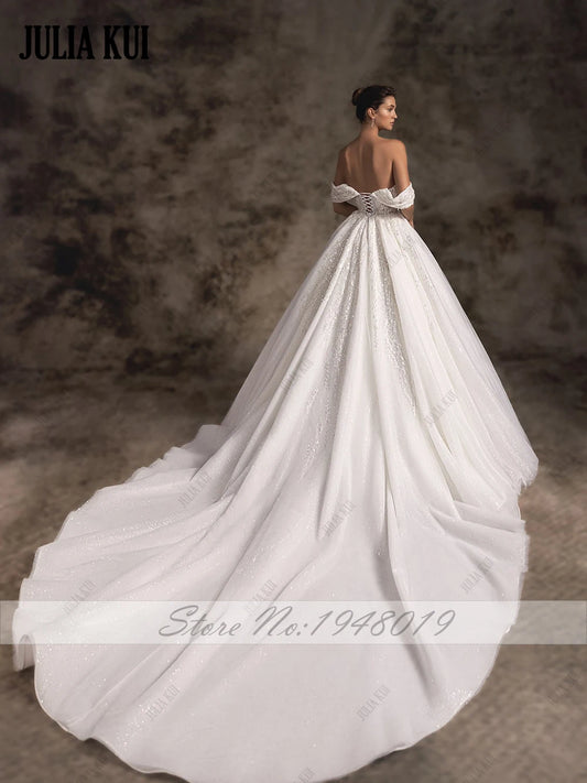 Luxury Beading Lace Sweetheart A-Line Wedding Dresses fuera de los hombros Munas de las perlas.