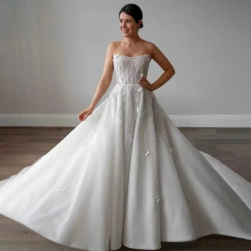 2025 Sleeveless Beading Applique Pearls Square Collar 3d Flowers Floor Length Gowns Robe De Mariee Wedding Dresses  Customize