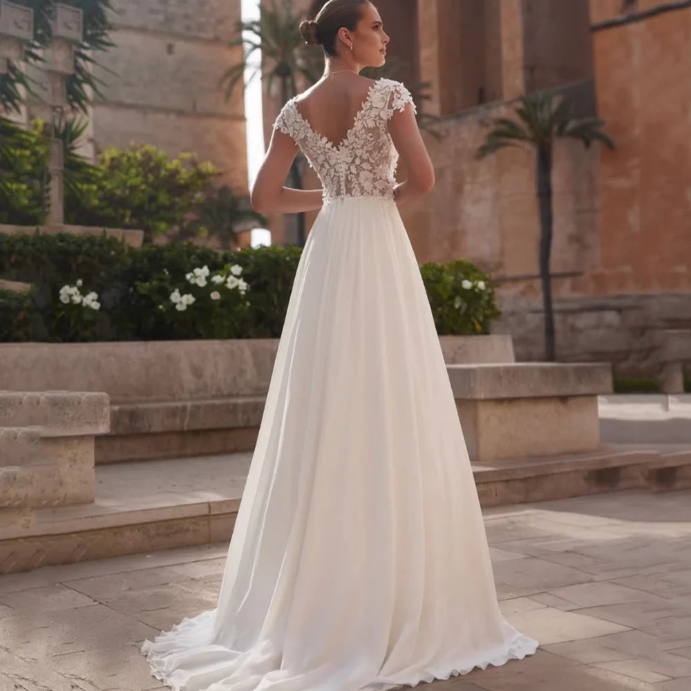 Customized Boho V Neck Wedding Dress Lace Cap Sleeve Bride Dresses Elegant A Line Button Bridal Gown New Vestidos De Novia