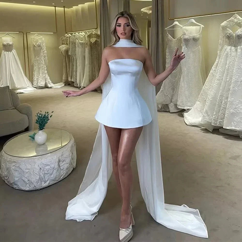 New modern short strapless satin lace up bridal party gown wedding dress 2026 – Pollyanna Events