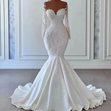 Customized 2026 Elegant Mermaid Wedding Dresses Sheer Neck Long Sleeve Lace Appliques Beads Bridal Gowns vestidos de novia