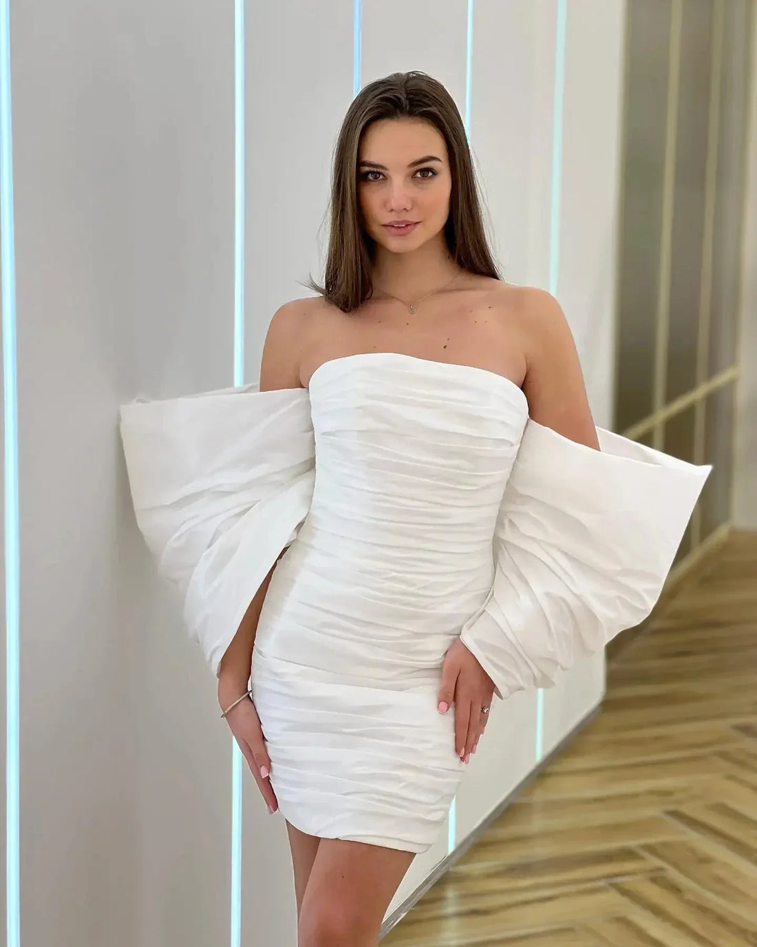 Elegant short strapless puff sleeves sheath satin mini formal bridal party gown Christmas – Pollyanna Events
