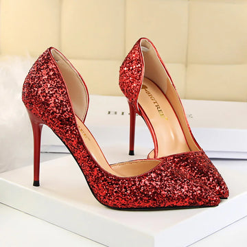Glitter High Heels Sequined Gold Silver Women Pumps Pointed Toe Thin Heeled Shoes Ladies Luxury Party Shoes 9.5cm Size 43
