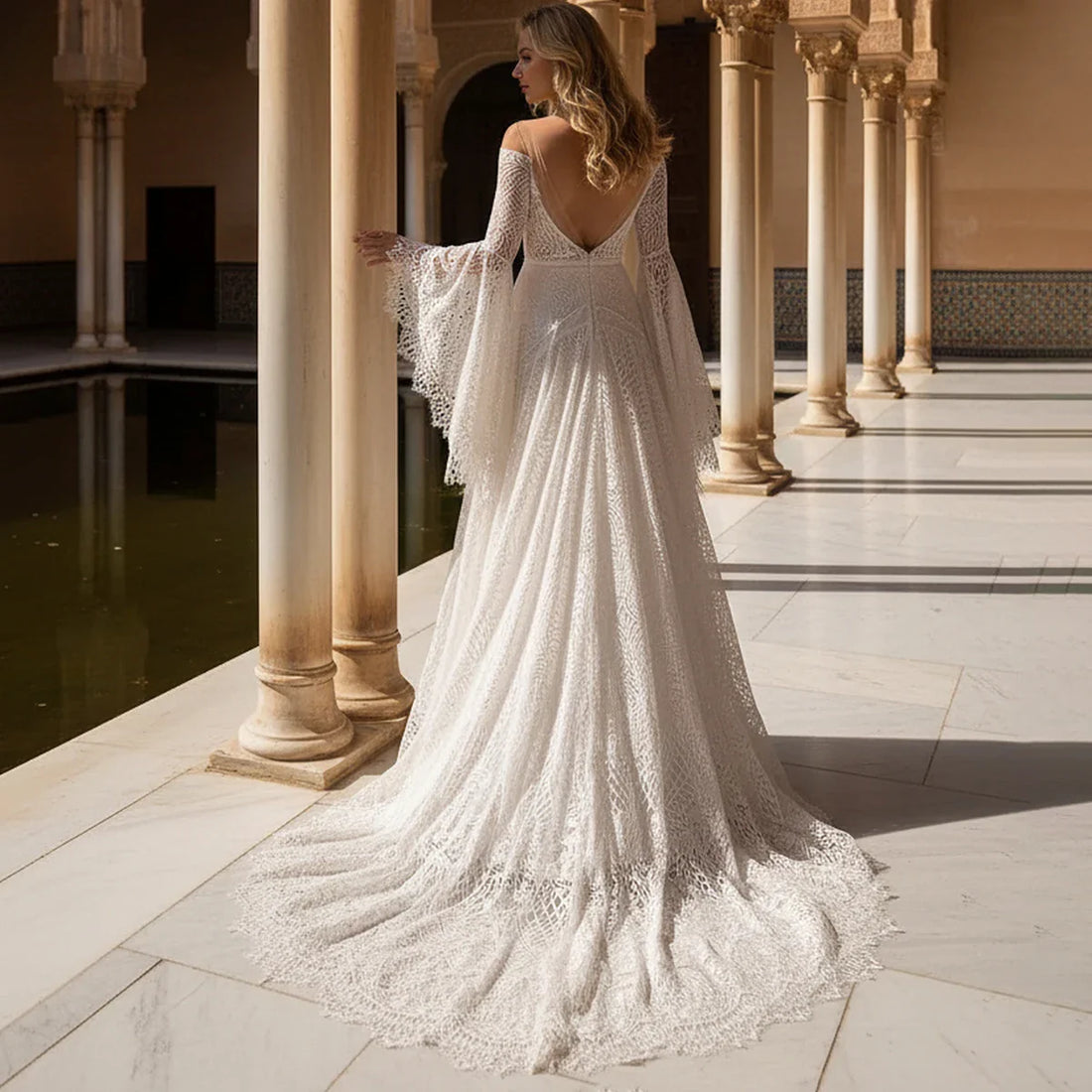 Elegant Lace Wedding Dress with long Sleeves V-Neck a Line Illusion Top Lace Bridal Party Gown for Women Beach Vestidos Novia