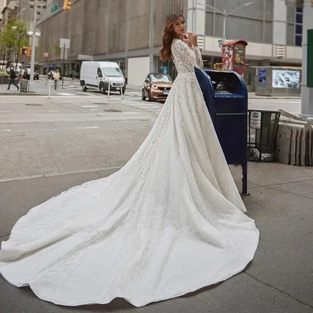 Customized Elegant A Line Wedding Dress Women Exquisite O Neck 3D Appliques Beaded Bridal Gown Long Sleeve Lace Bride Dress