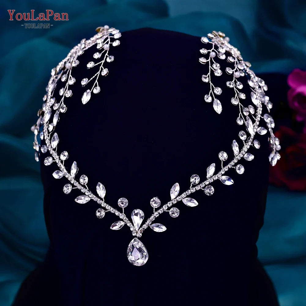 YouLaPan HP466 Wedding Forehead Headband Rhinestone Women Headdress Bridal Tiara Hair Accessories Bride Head Piece with Combs