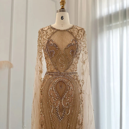 Розкішне шампанське 2024 Вечірня сукня з накидними рукавами Срібло Оголене мусульманське арабське жіноче весільне сукня SS119