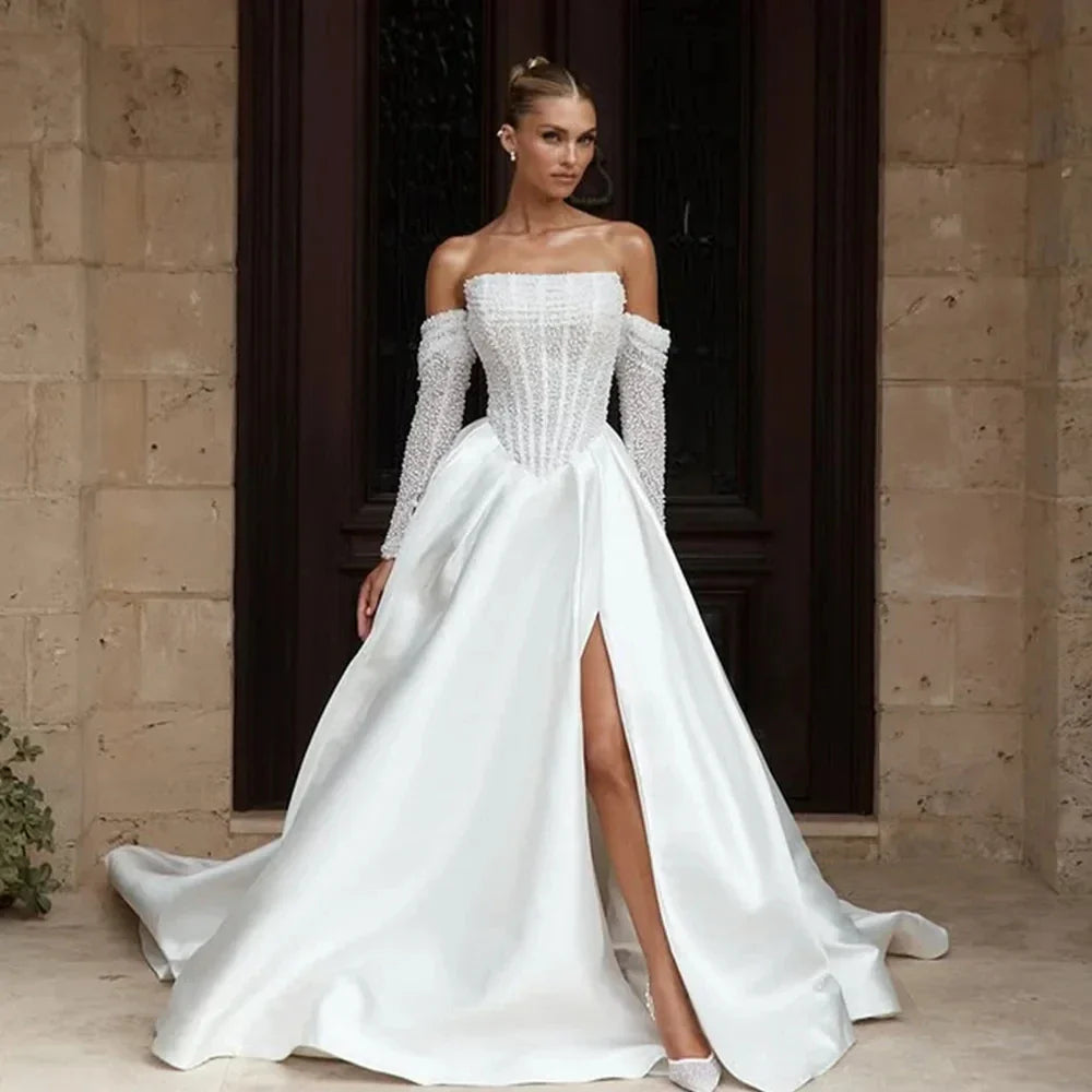 Shiny beaded sequined detachable long sleeves strapless side slit A-line bridal gown 2026 – Pollyanna Events