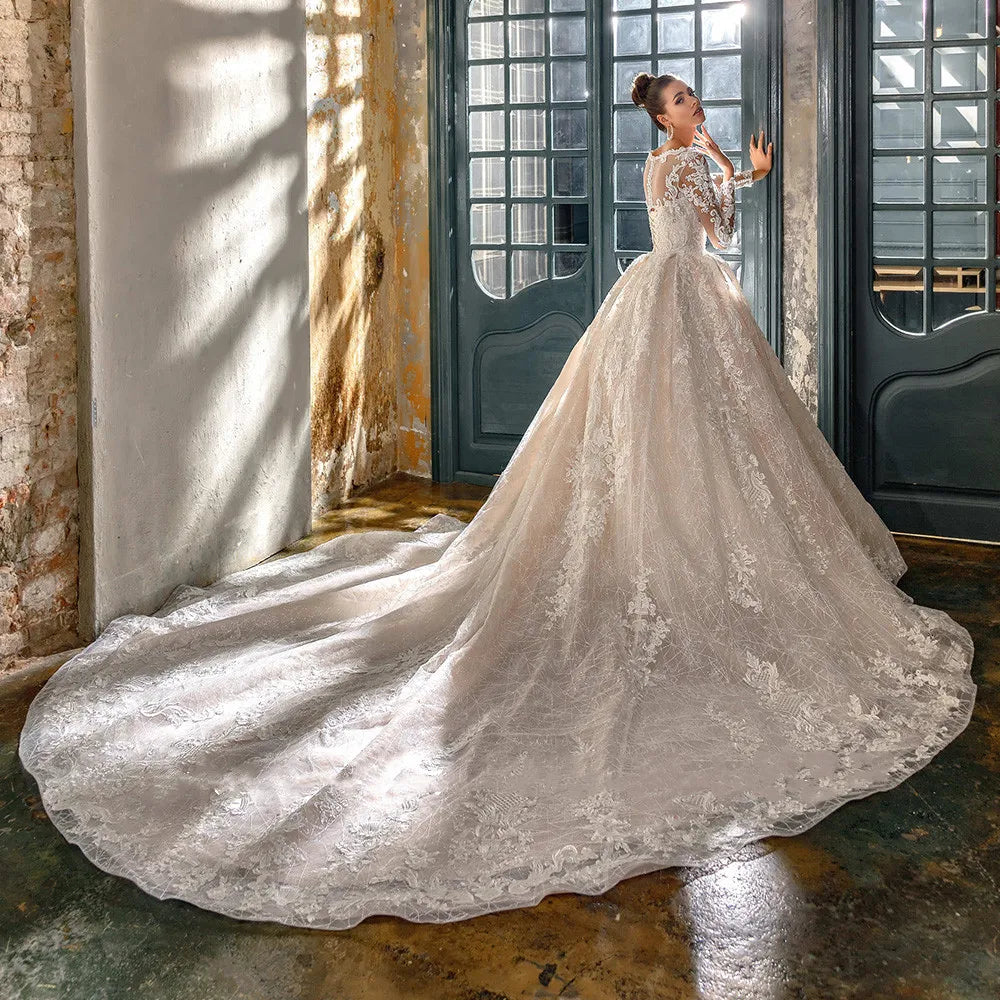 Customized Luxurious Elegant Ball Gown Wedding Dress Applique Long Sleeves Vestidos De Novia Sequin Beading Robes De Mariage