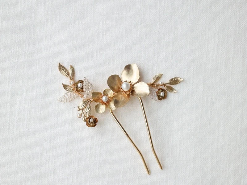 Bridal Jewelry Pearl Hair Comb Pin Clip Leaf Flower Head Piece For Brides Women Vintage Gold Color Hairpin Wedding Accessories
