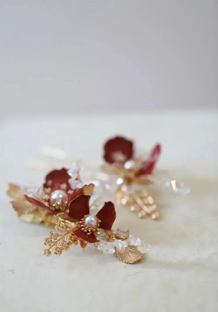 Red Flower Hair Pin Clip Leaf Head Piece For Brides Women Pearl Hairpin Party Dinner Dress Bridal Jewelry Wedding Accessories